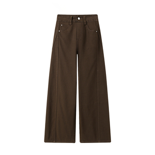 美拉德咖色弯刀阔腿牛仔裤女宽松遮胯显瘦微胖mm高腰遮肚直筒长裤