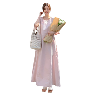 水洗棉粉色连衣裙女韩版宽松过膝休闲A字裙夏季新款气质显瘦长裙