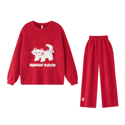 BE红色睡衣女冬半边绒加厚猫咪