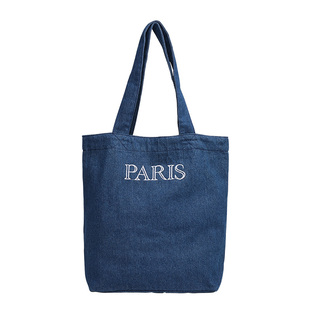 日系文艺学生牛仔布托特包女ins刺绣字母单肩布袋慵懒风帆布手提