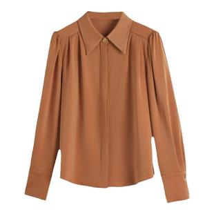 衬衫女装上衣2025新款春秋大尖领高级感泡泡袖仿真丝绸缎亮面衬衣