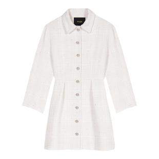 Maje秋冬女装法式时尚单排扣白色长袖收腰短款衬衫领花呢连衣裙