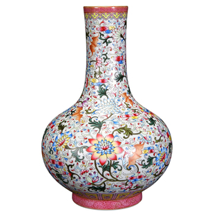 宁封窑景德镇陶瓷花瓶摆件客厅手绘新中式仿古粉彩蝠纹缠枝天球瓶