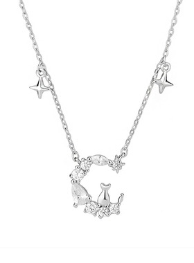新款999足银月亮猫项链女锁骨链