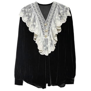 复古V领蕾丝套头真丝丝绒衬衫女冬季新款高级洋气衬衣显瘦上衣潮