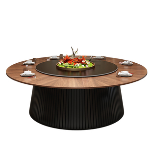 酒店电动餐桌大圆桌饭店会所包厢实木岩板带转盘20人新中式餐桌椅