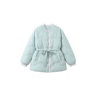 浅蓝色花边拼接收腰羽绒服女今年流行的独特漂亮白鸭绒中长款外套