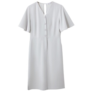 Amii气质v领短袖连衣裙收腰女夏显瘦a字裙摆2024新款日常通勤裙子