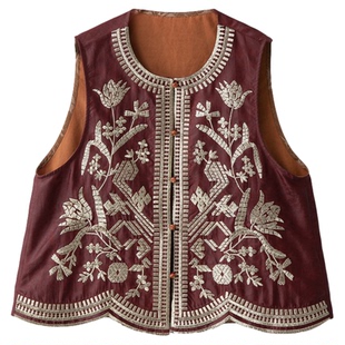 一丝牵 重工刺绣香云纱龟纹油皮红云纱真丝马甲100%桑蚕丝上衣春