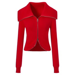 LEDIM WANG毛针织衫女2026新年春季新款修身翻领开衫毛衣外套红色