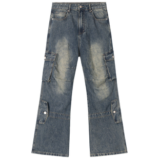 新因素潮流痞帅宽松牛仔裤男堆裤脚微喇叭做旧复古黄泥染工装裤子