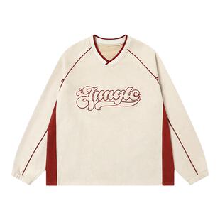 丛林老虎美式字母刺绣V领卫衣男女春秋季潮牌拼色麂皮绒套头上衣