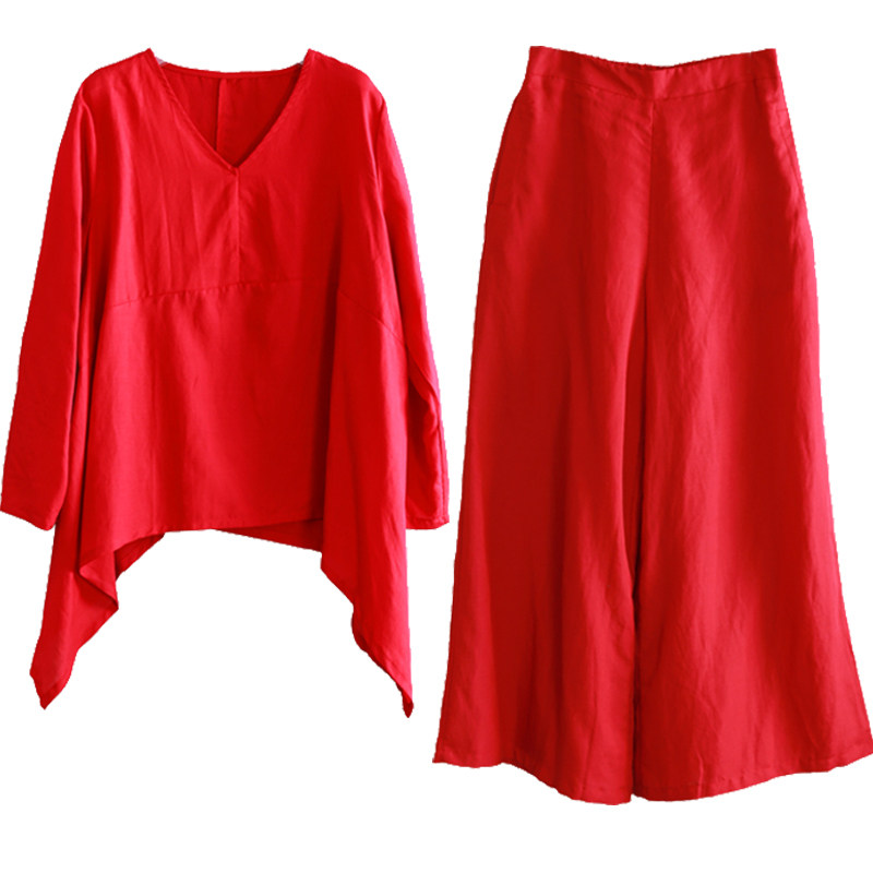 兮风简约禅意天丝两件套装不规则弧摆V领衬衣+休闲阔腿裤春秋女装