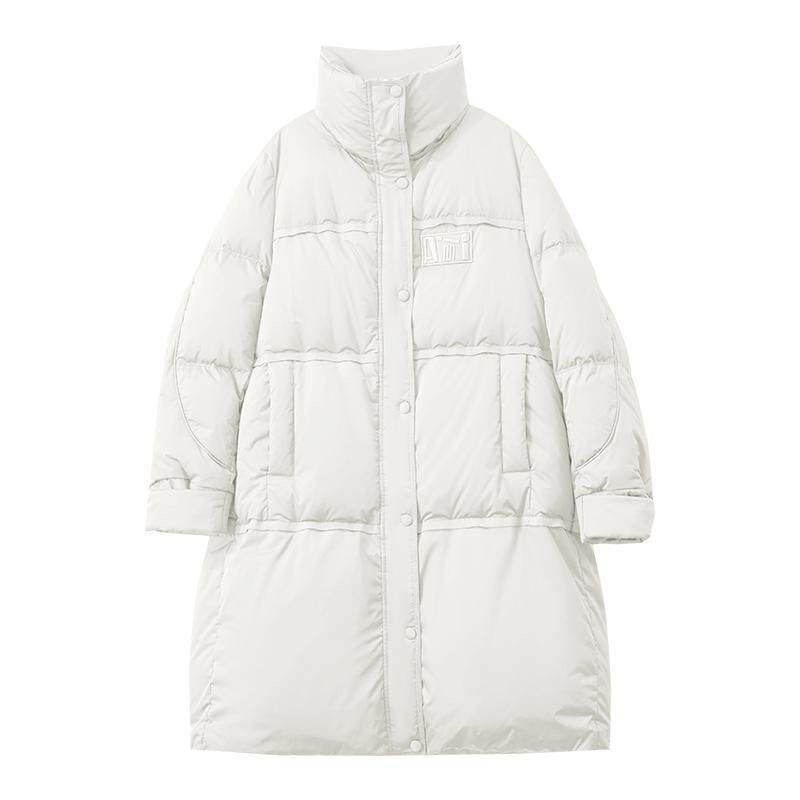 Amii2025冬新款温暖立领字母绣章拉链羽绒服女魔术贴宽松外套上衣