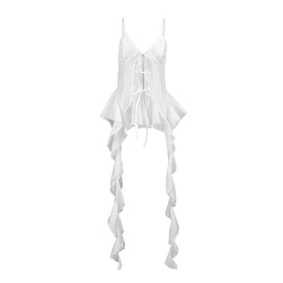 Fashion Tops欧美女士背心时尚吊带V领系带荷叶边上衣个性百搭