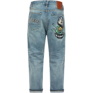 EVISU福神男钻石达摩印花复古七分款时尚版型牛仔裤