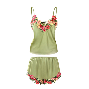 NoirTease夏季丝质薄款性感睡衣女士纯欲风V领蕾丝家居服两件套装