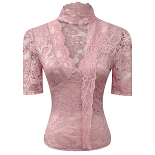 轻熟风粉色蕾丝衫女夏季新款气质性感女人味纯欲V领短袖修身上衣