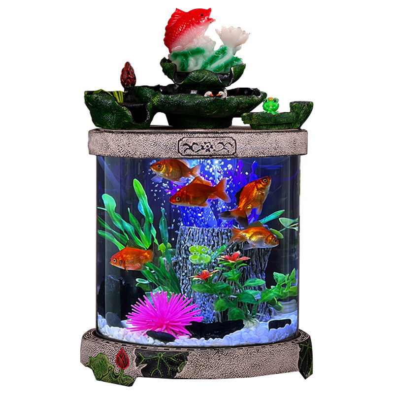 莱宝圆形桌面鱼缸家用小型LED灯光明水族箱家庭装饰景观中式鱼缸