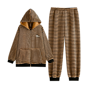 悦内保暖睡衣女秋冬季冬款冬天加绒加厚珊瑚绒家居服毛绒复古条纹