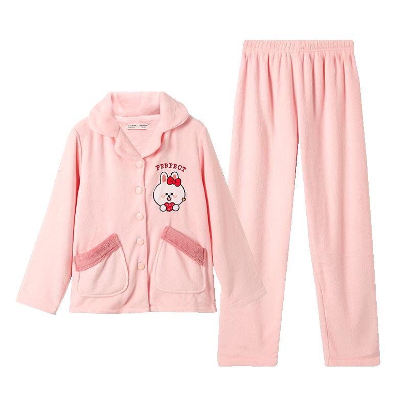 芬腾秋冬珊瑚绒睡衣女甜美卡通布朗熊加绒加厚法兰绒女家居服套装