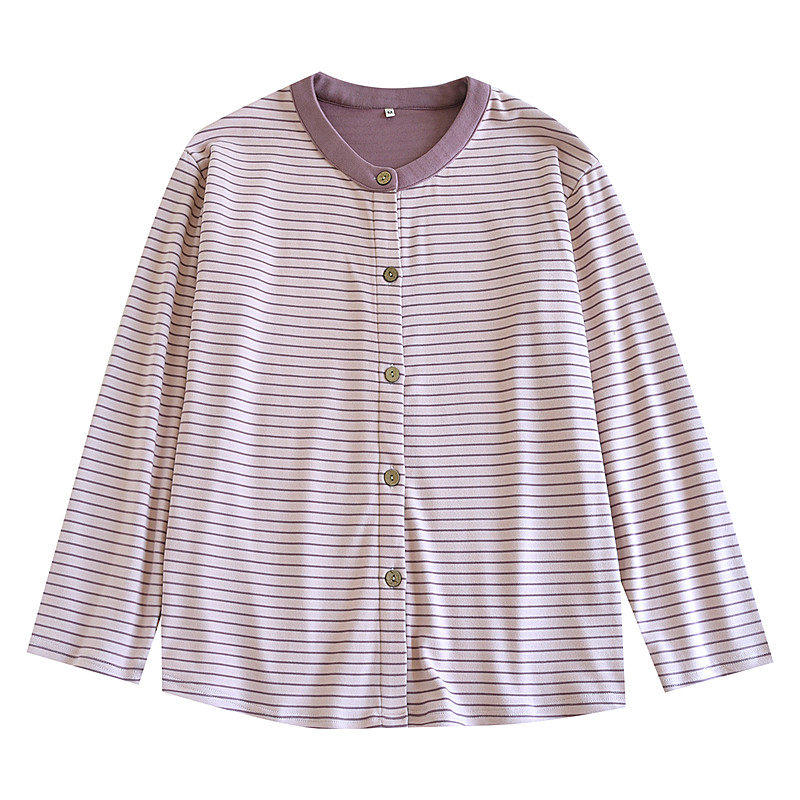 德绒睡衣女士上衣春秋冬季单件条纹保暖薄绒布磨毛家居服宽松大码