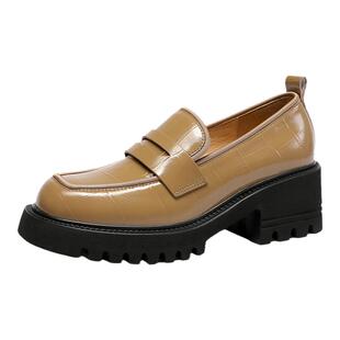 金利来一脚蹬厚底乐福鞋春秋新款女鞋鳄鱼纹真皮百搭英伦风小皮鞋