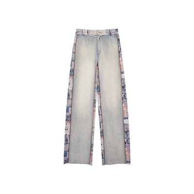 Desigual26春夏新品直筒水洗牛仔拼接印花设计女士牛仔裤