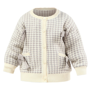 modomoma女童衣服秋公主女宝长袖针织棉线提花开衫千鸟格小童外套