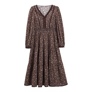 芭依璐2026春装新品长袖V领连衣裙女收腰显瘦透气荷叶边长裙子女