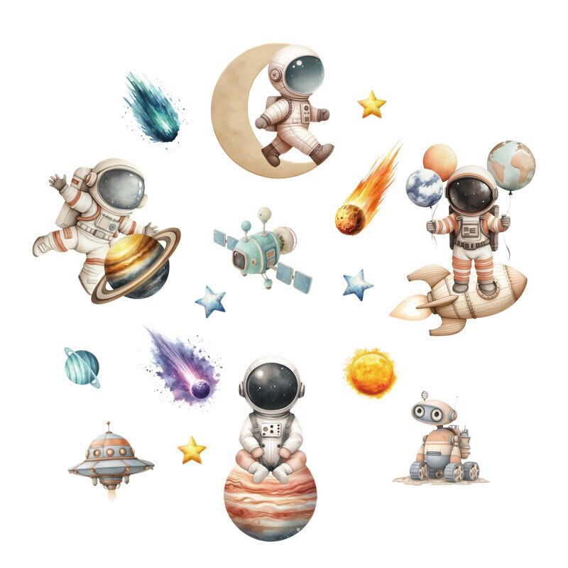 卡通太空星系火箭自粘墙贴儿童房幼儿园星球宇航员主题装饰贴纸画