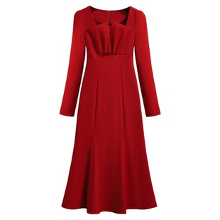 平时可穿红色鱼尾连衣裙女2025春秋新款奢华大牌显瘦晚宴礼服裙子