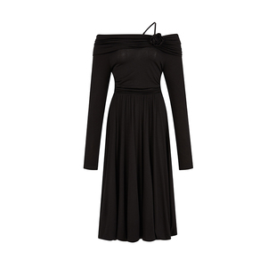 【孔雪儿同款】DIANA VEVINA秋黑色一字肩高级感玫瑰花连衣裙