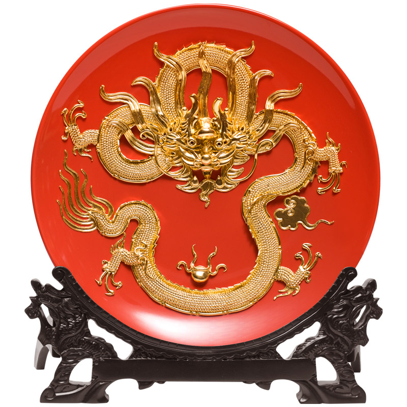 鹭艺轩漆线雕祥龙红盘工艺品摆件