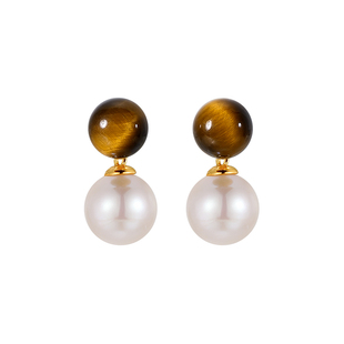 周大生暮辉珍珠耳钉虎晶石正圆强光珍珠耳饰两戴秋冬通勤耳环首饰