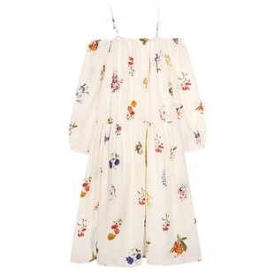 落落狷介长袖一字肩超好看连衣裙女米白色苎麻碎花宽松裙子小个子