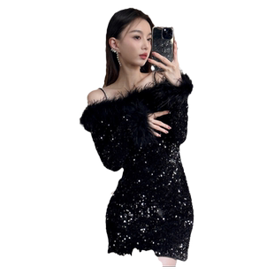 生日party宴会小礼服裙高级感包臀吊带一字肩黑色羽毛亮片连衣裙