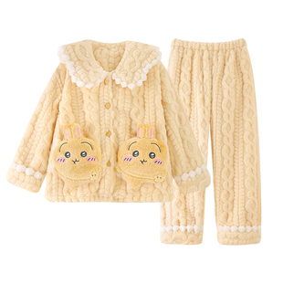 乌萨奇睡衣儿童女孩高端法兰绒秋冬天保暖中大童毛绒娃娃领家居服