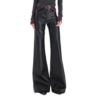 worxurnn/无须秋高个子显瘦宽松高腰微喇叭裤阔腿裤拖地pu皮裤女