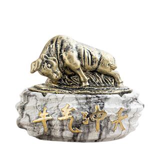 描金牛气冲天带盖烟灰缸客厅茶几边柜书房办公室酒店个性创意摆件