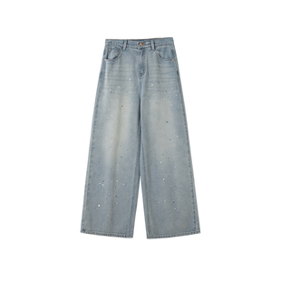 时然大码女装泼墨牛仔裤春季新款微胖高腰显瘦阔腿裤长裤百搭裤子