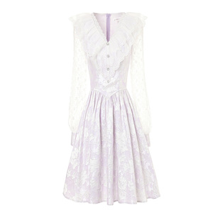 花儿开了2025秋季新款法式网纱提花连衣裙女V领刺绣短款公主裙子