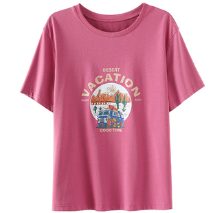 OSA欧莎火龙果色美式印花T恤女短袖2026夏季新款宽松百搭打底上衣