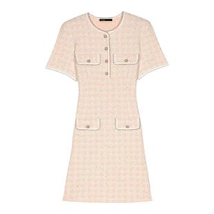 Maje2025秋冬女装复古时尚花呢粉色多巴胺格纹圆领短袖针织连衣裙