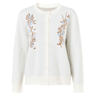 官方正品马天奴春秋新款灰色绣花羊毛混纺羊绒针织开衫单排扣小衫