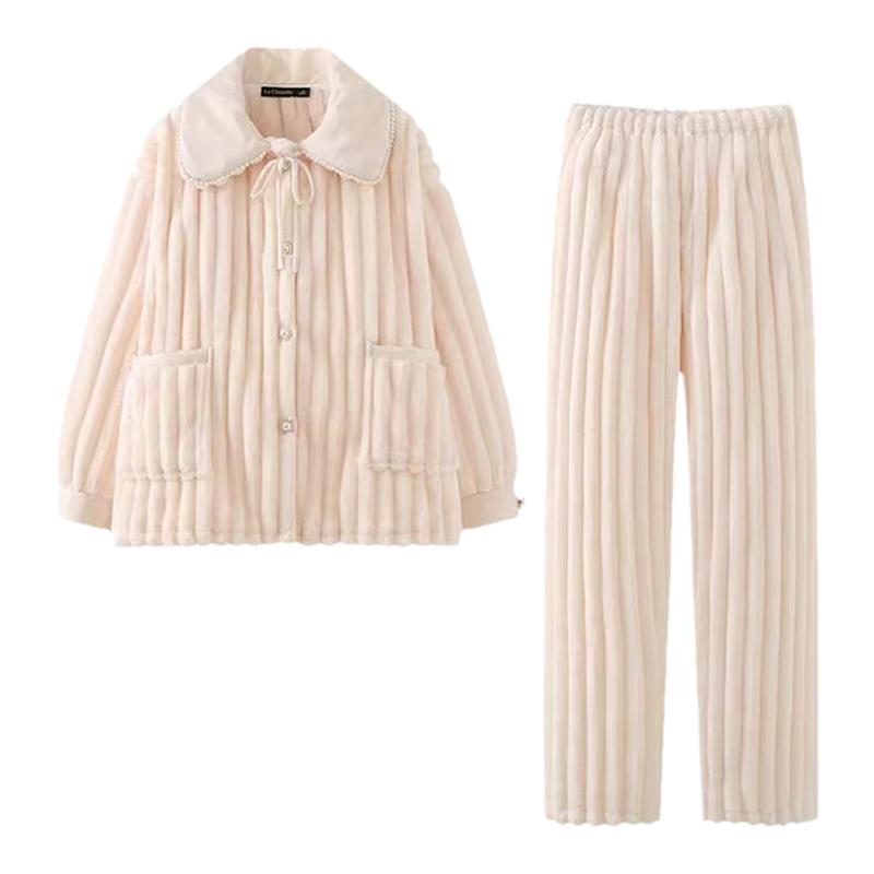 韩国小香风网红珊瑚绒睡衣女冬季娃娃领加厚法兰绒保暖家居服套装