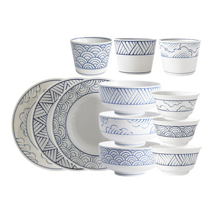 择学家 斜线纹 景德镇青花手绘饭碗面碗组合盘子菜盘家用餐具套装