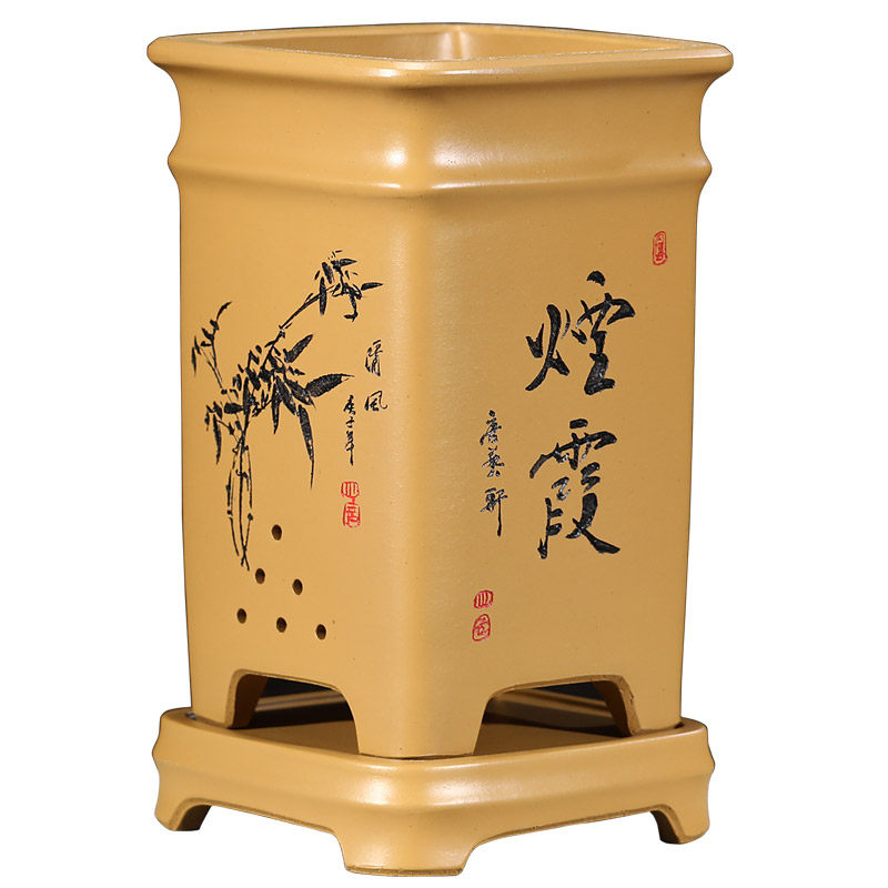 透气紫砂创意竹节紫砂花盆四方形
