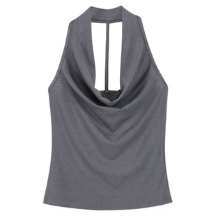 ousph【现货5折】荡领挂脖吊带背心辣妹性感露背收腰短款无袖上衣