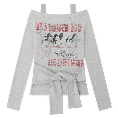 重闻往事一字肩系带修身长袖T恤